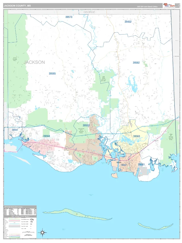 Jackson County, MS ZIP Code Wall Map, Classic style