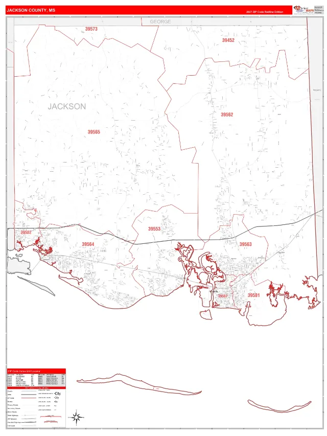 Jackson County, MS ZIP Code Wall Map, RedLine style