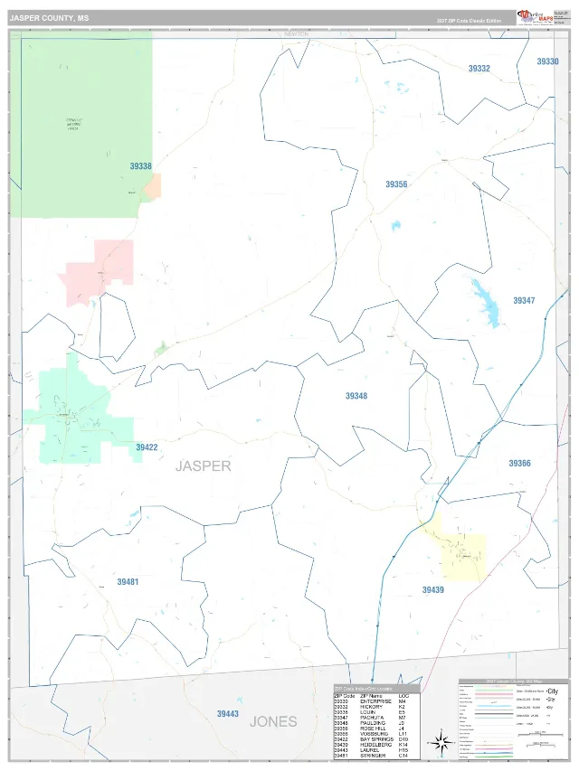 Jasper County, MS ZIP Code Wall Map, Classic style