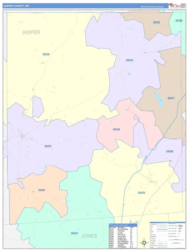 Jasper County, MS ZIP Code Wall Map, ColorCast style