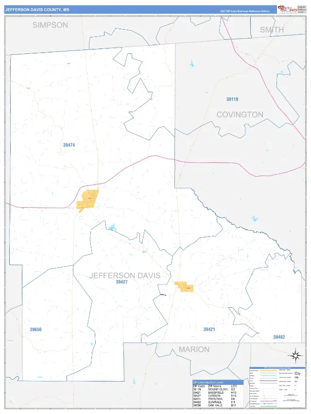 Jefferson Davis County, MS ZIP Code Wall Map, Business Reference style
