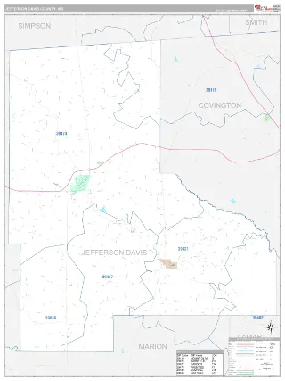 Jefferson Davis County, MS Classic style ZIP Code wall map