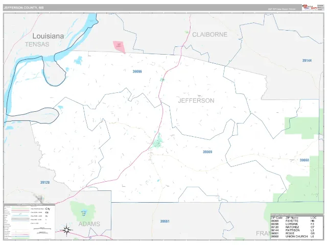 Jefferson County, MS ZIP Code Wall Map, Classic style