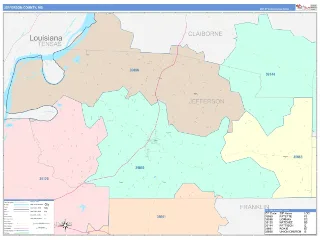 Jefferson County, MS ColorCast style ZIP Code wall map