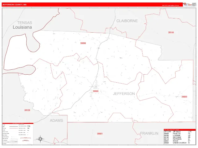 Jefferson County, MS ZIP Code Wall Map, RedLine style