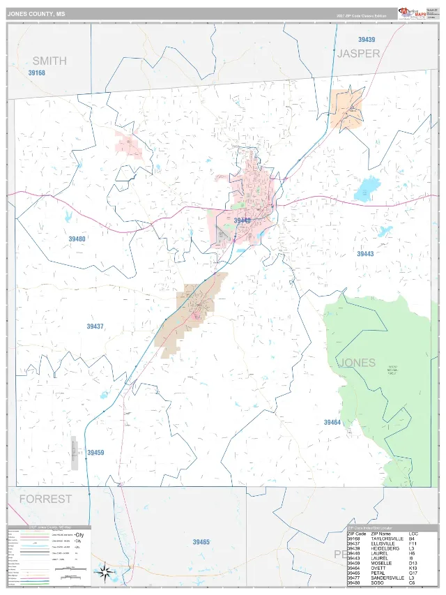 Jones County, MS ZIP Code Wall Map, Classic style