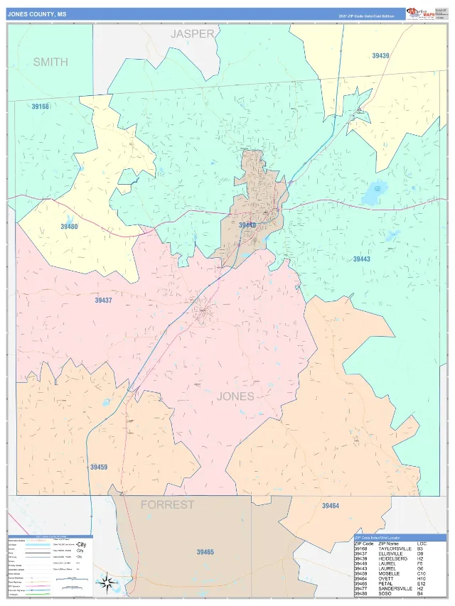 Jones County, MS ZIP Code Wall Map, ColorCast style