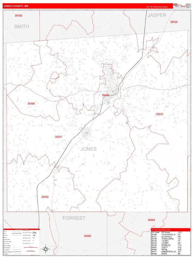 Jones County, MS ZIP Code Wall Map, RedLine style