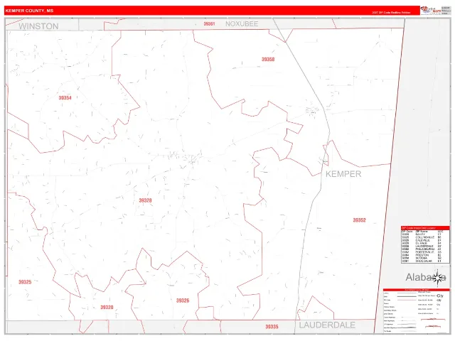 Kemper County, MS ZIP Code Wall Map, RedLine style