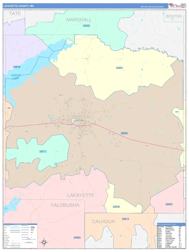Lafayette County, MS ZIP Code Wall Map, ColorCast style