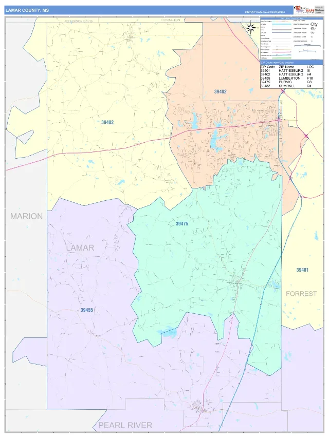 Lamar County, MS ZIP Code Wall Map, ColorCast style