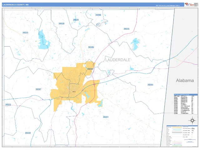 Lauderdale County, MS ZIP Code Wall Map, Business Reference style