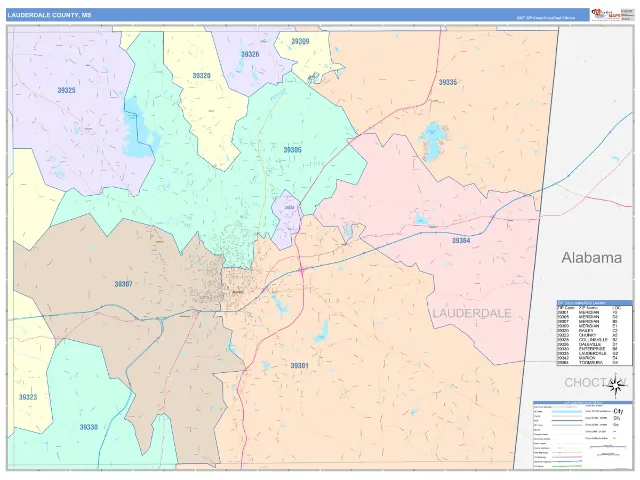 Lauderdale County, MS ZIP Code Wall Map, ColorCast style