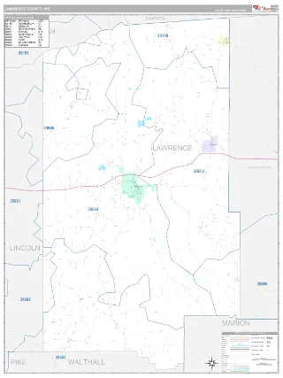 Lawrence County, MS Classic style ZIP Code wall map