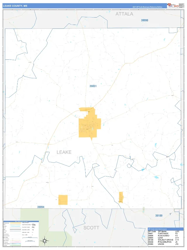 Leake County, MS ZIP Code Wall Map, Business Reference style