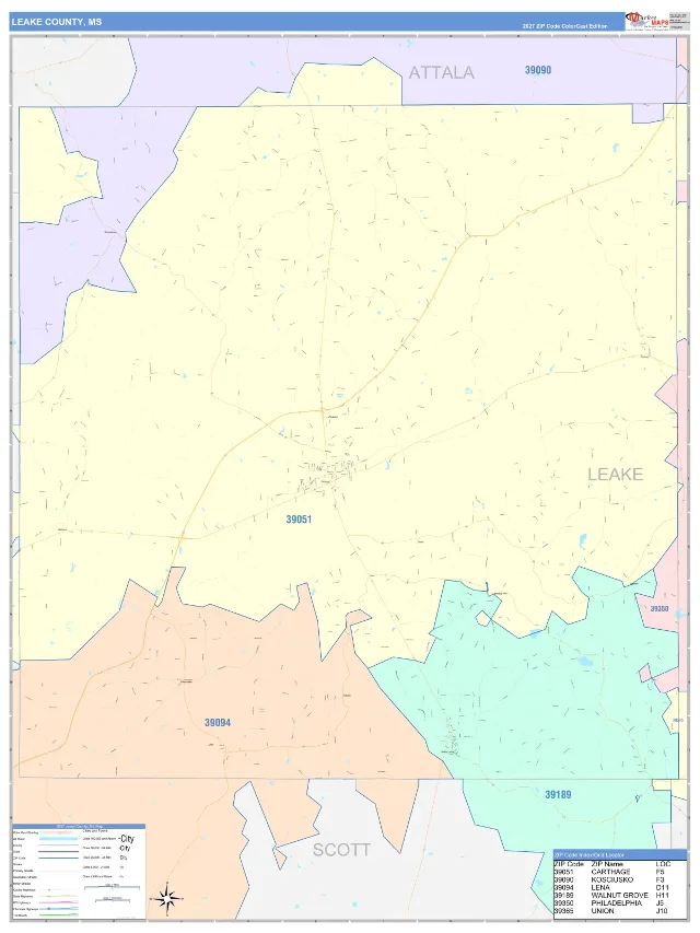 Leake County, MS ZIP Code Wall Map, ColorCast style