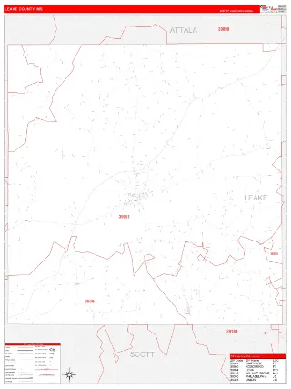 Leake County, MS RedLine style ZIP Code wall map