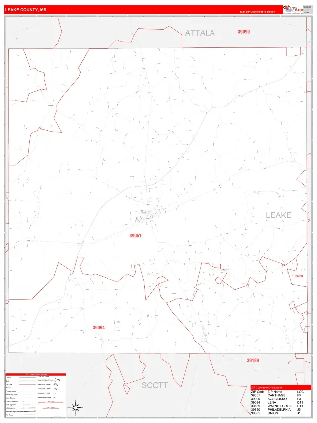 Leake County, MS ZIP Code Wall Map, RedLine style