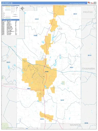 Lee County, MS Business Reference style ZIP Code wall map