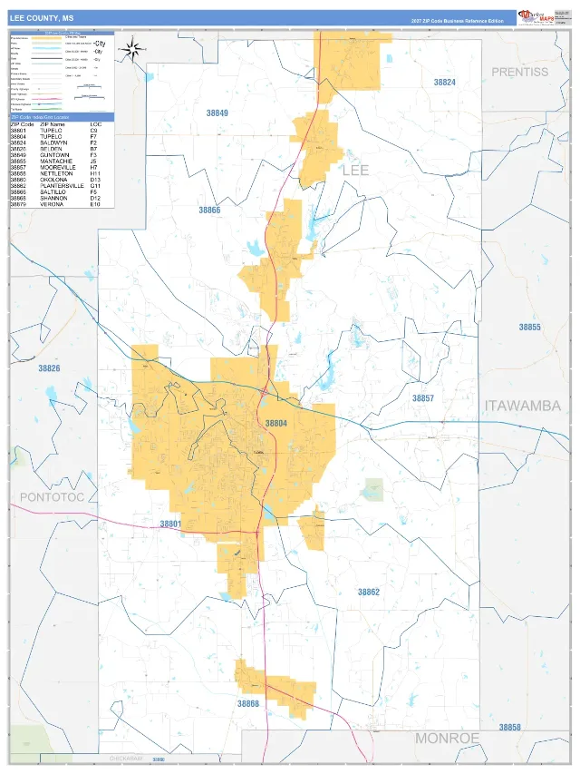 Lee County, MS ZIP Code Wall Map, Business Reference style