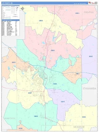 Lee County, MS ColorCast style ZIP Code wall map