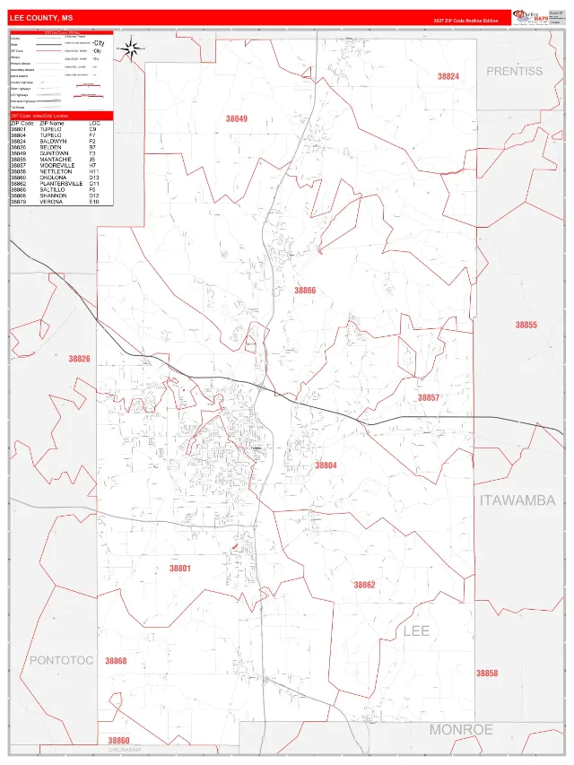 Lee County, MS ZIP Code Wall Map, RedLine style