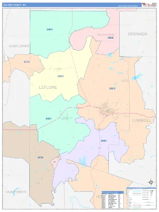 Leflore County, MS ColorCast style ZIP Code wall map