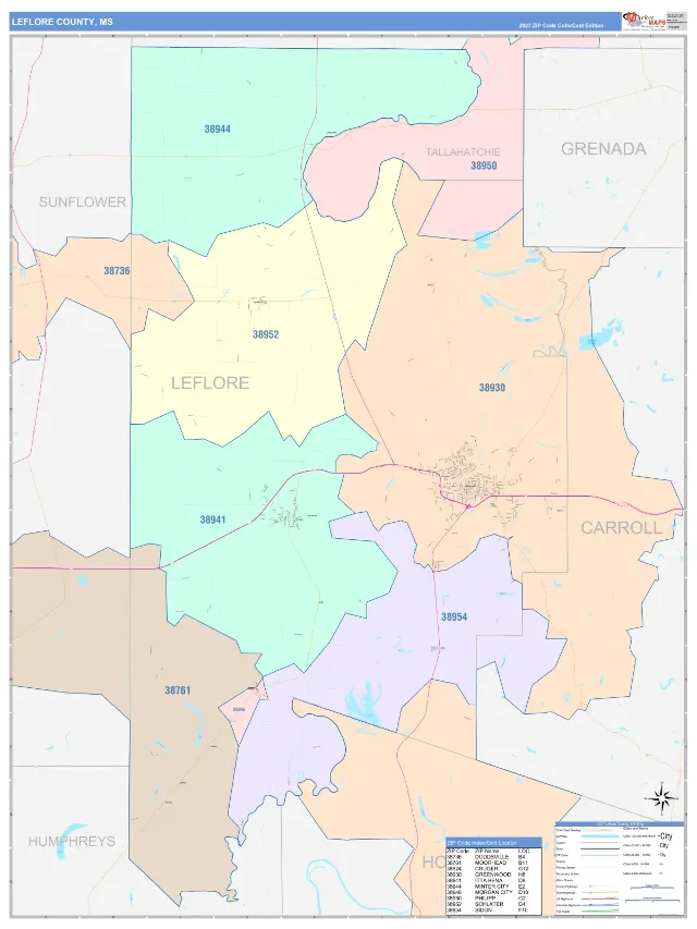 Leflore County, MS ZIP Code Wall Map, ColorCast style
