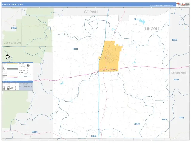 Lincoln County, MS ZIP Code Wall Map, Business Reference style