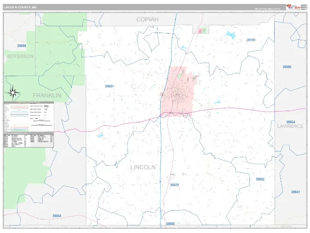 Lincoln County, MS ZIP Code Wall Map, Classic style