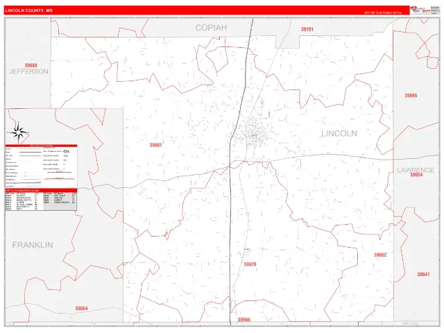 Lincoln County, MS ZIP Code Wall Map, RedLine style