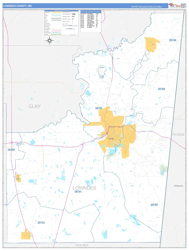 Lowndes County, MS ZIP Code Wall Map, Business Reference style