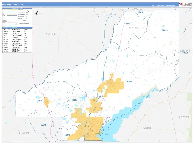 Madison County, MS ZIP Code Wall Map, Business Reference style