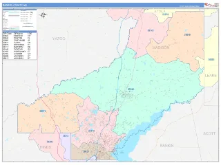 Madison County, MS ColorCast style ZIP Code wall map