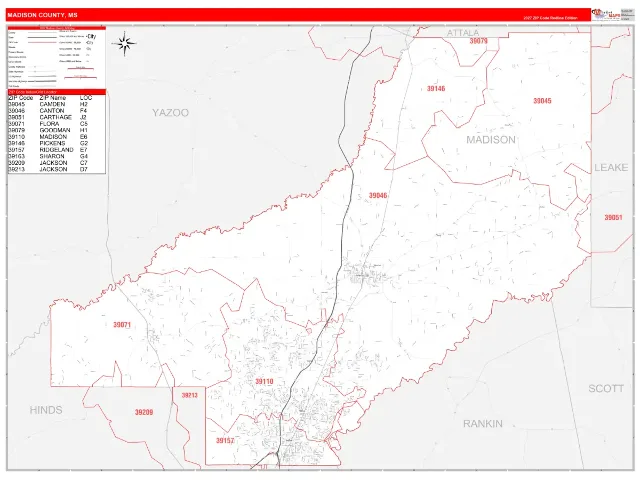 Madison County, MS ZIP Code Wall Map, RedLine style