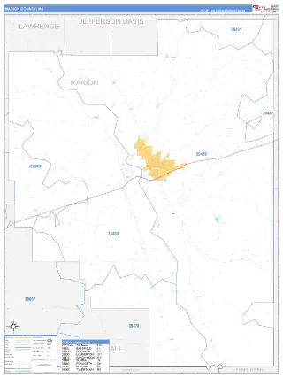 Marion County, MS Business Reference style ZIP Code wall map