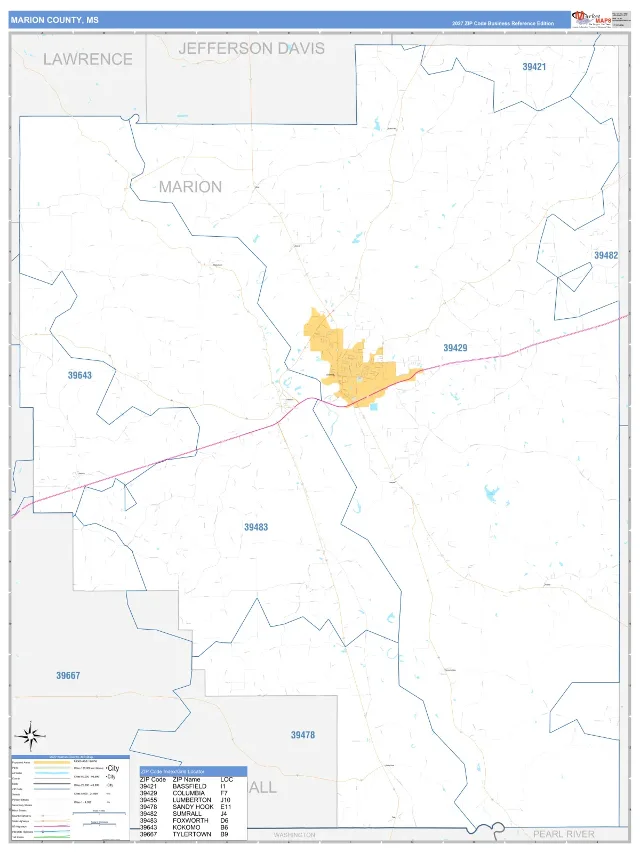Marion County, MS ZIP Code Wall Map, Business Reference style
