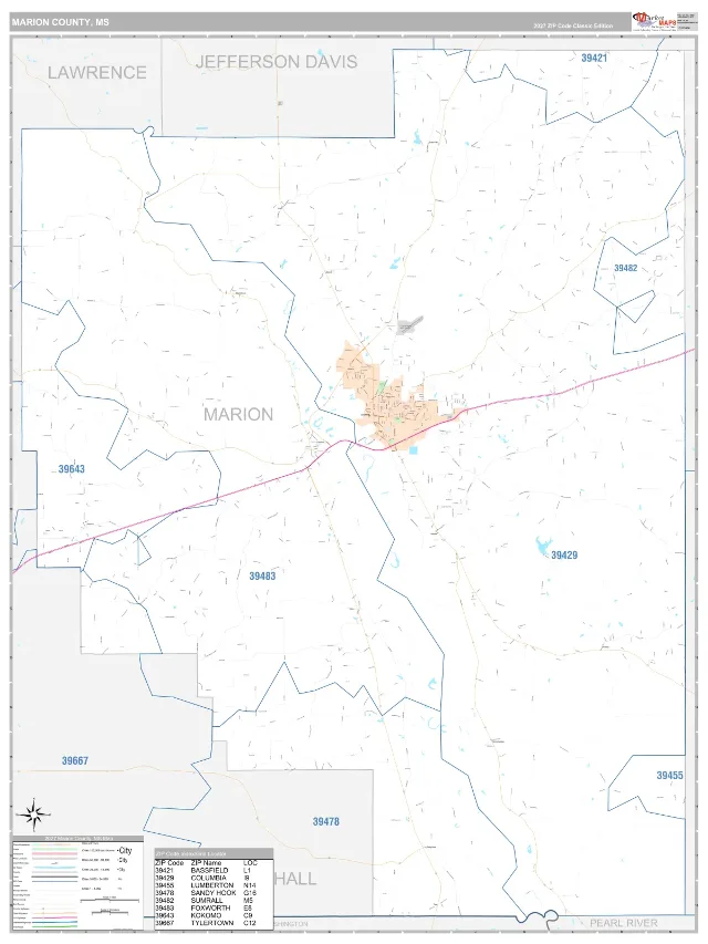 Marion County, MS ZIP Code Wall Map, Classic style