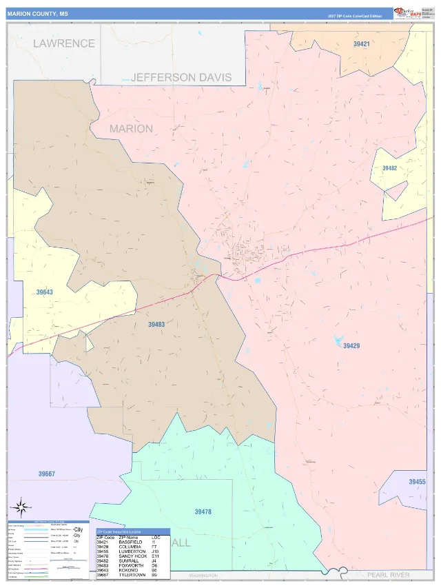 Marion County, MS ZIP Code Wall Map, ColorCast style