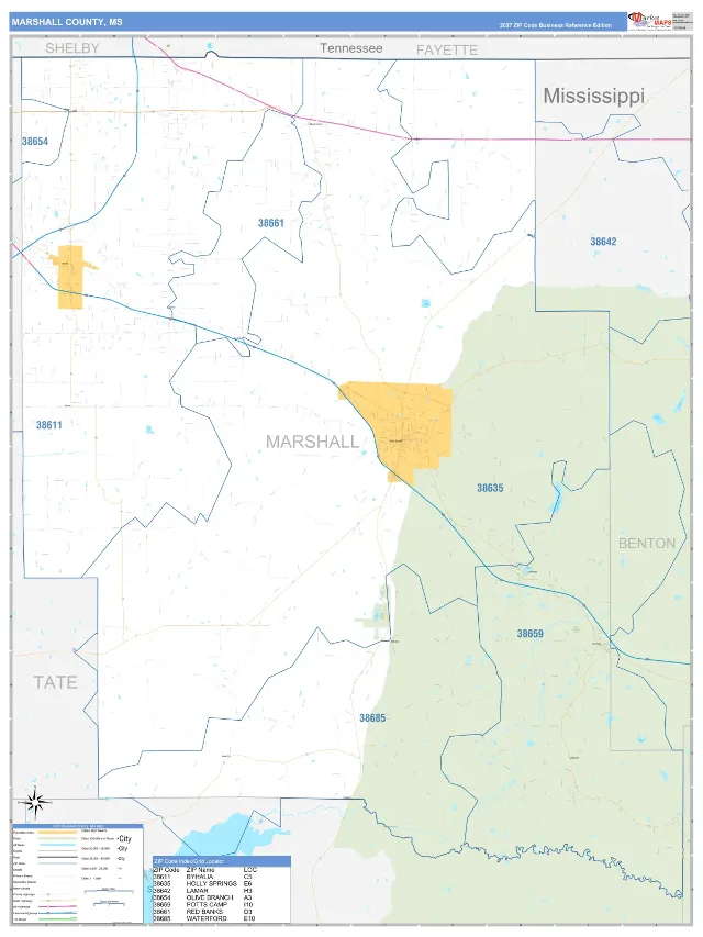 Marshall County, MS ZIP Code Wall Map, Business Reference style