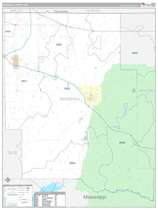 Marshall County, MS ZIP Code Wall Map, Classic style