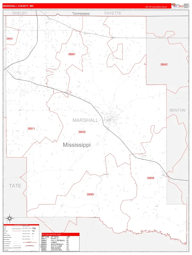 Marshall County, MS ZIP Code Wall Map, RedLine style