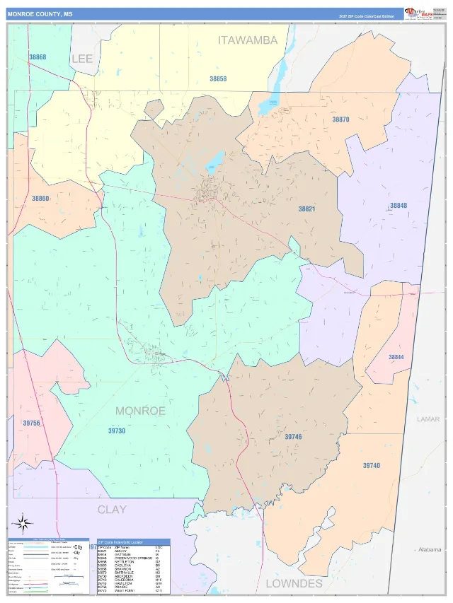 Monroe County, MS ZIP Code Wall Map, ColorCast style