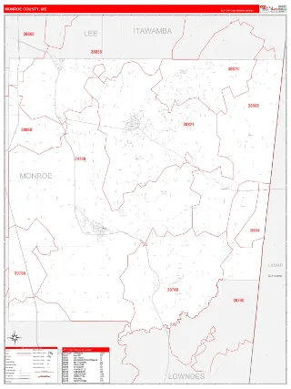 Monroe County, MS RedLine style ZIP Code wall map