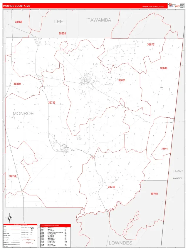 Monroe County, MS ZIP Code Wall Map, RedLine style