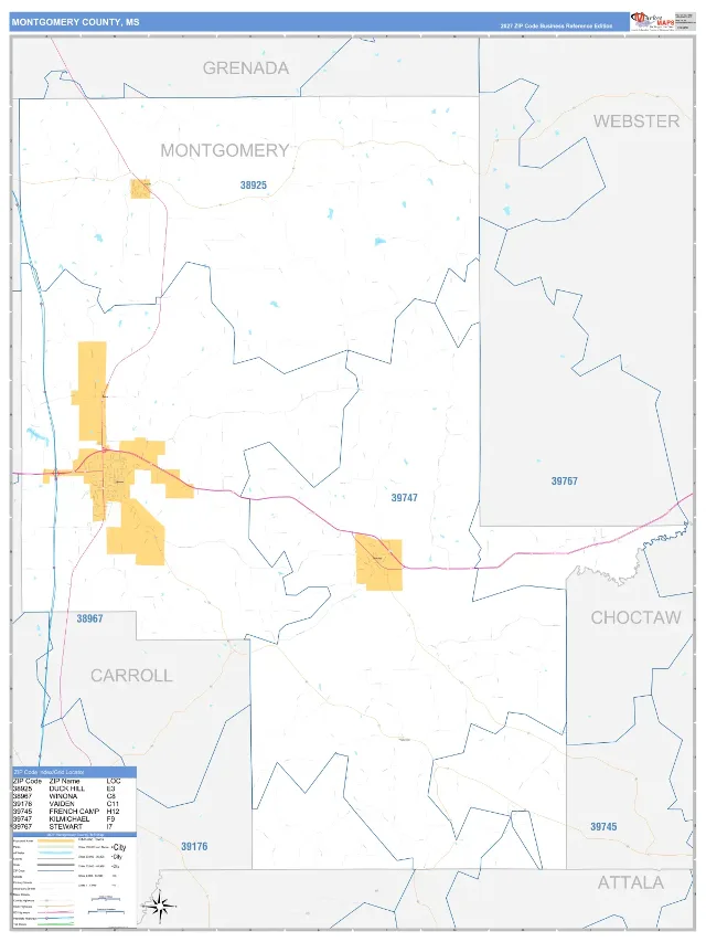 Montgomery County, MS ZIP Code Wall Map, Business Reference style