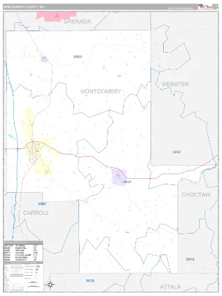 Montgomery County, MS Classic style ZIP Code wall map