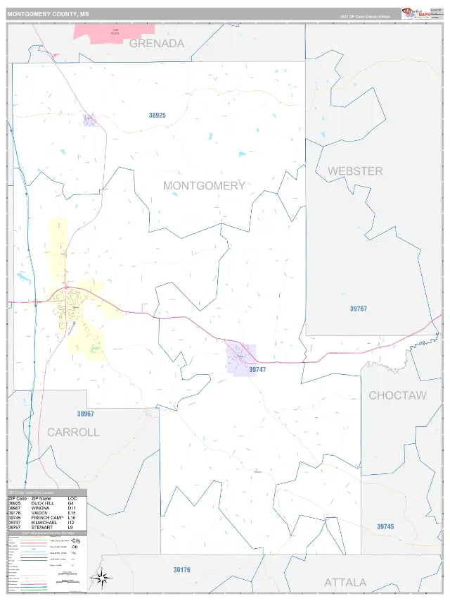 Montgomery County, MS ZIP Code Wall Map, Classic style