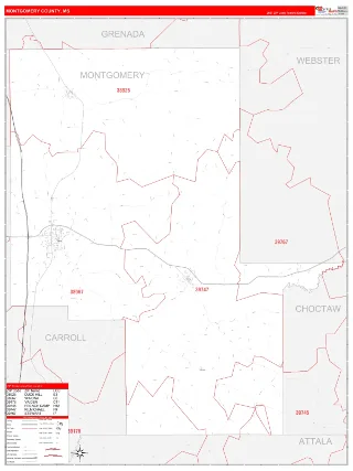 Montgomery County, MS RedLine style ZIP Code wall map