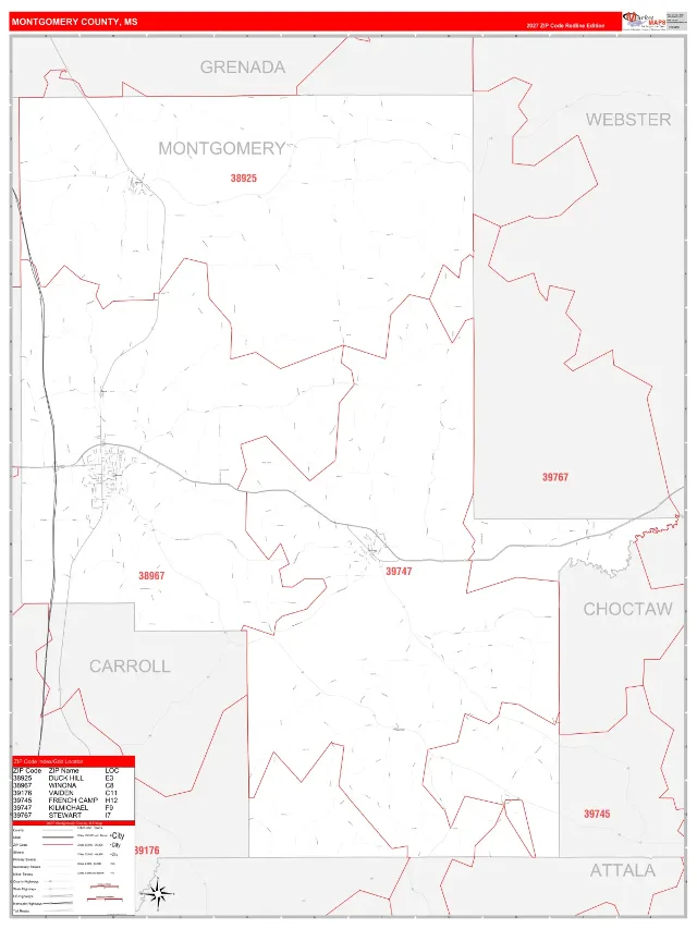 Montgomery County, MS ZIP Code Wall Map, RedLine style